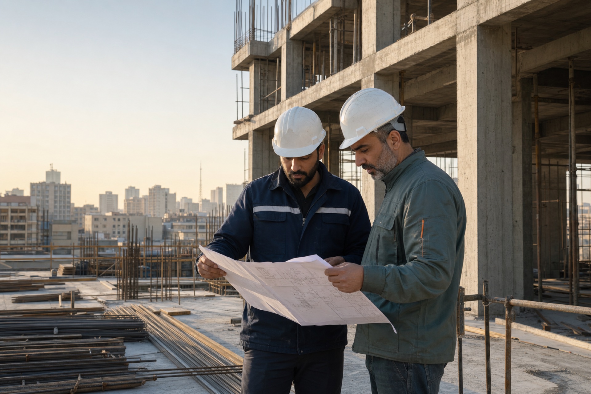 مهندس و مجری ساختمان در حال بررسی نقشه اجرایی در کارگاه